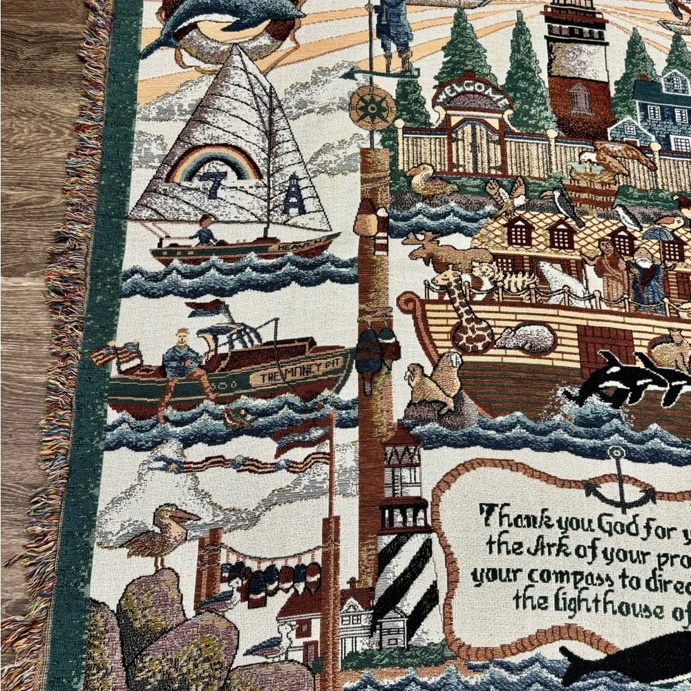 Vintage Noah’s Ark Woven Tapestry Throw Blanket with Fringe